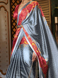 Captivating Grey Printed Satin Event Wear Saree With Blouse - Zeel Clothing