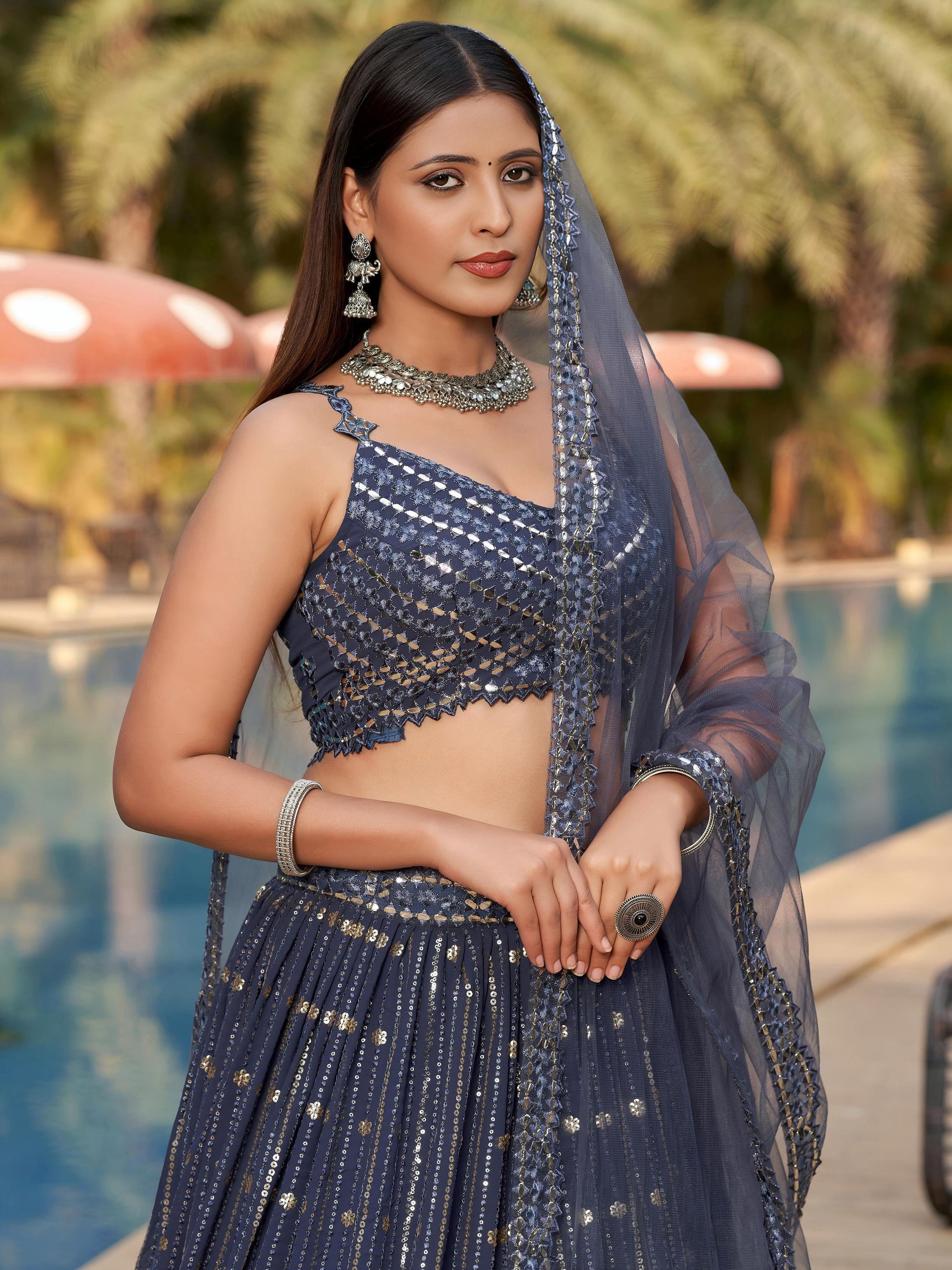 Captivating Grey Sequins Georgette Designer Lehenga Choli