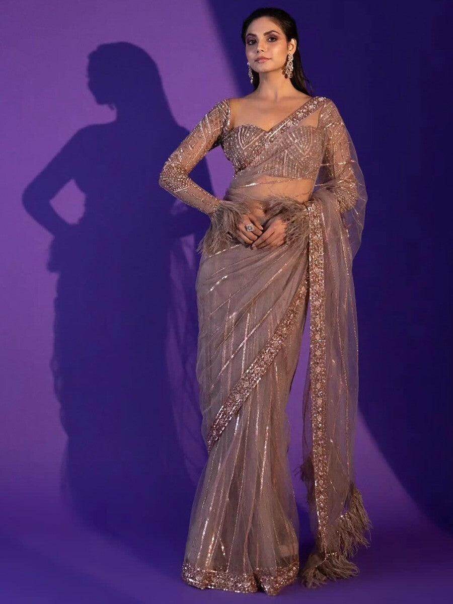 Captivating Grey Sequins Net Designer Saree With Blouse - Zeel Clothing
