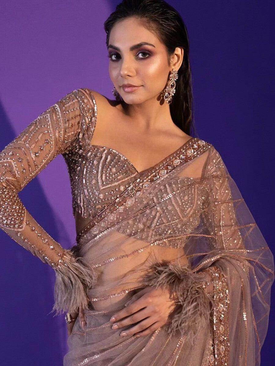 Captivating Grey Sequins Net Designer Saree With Blouse - Zeel Clothing