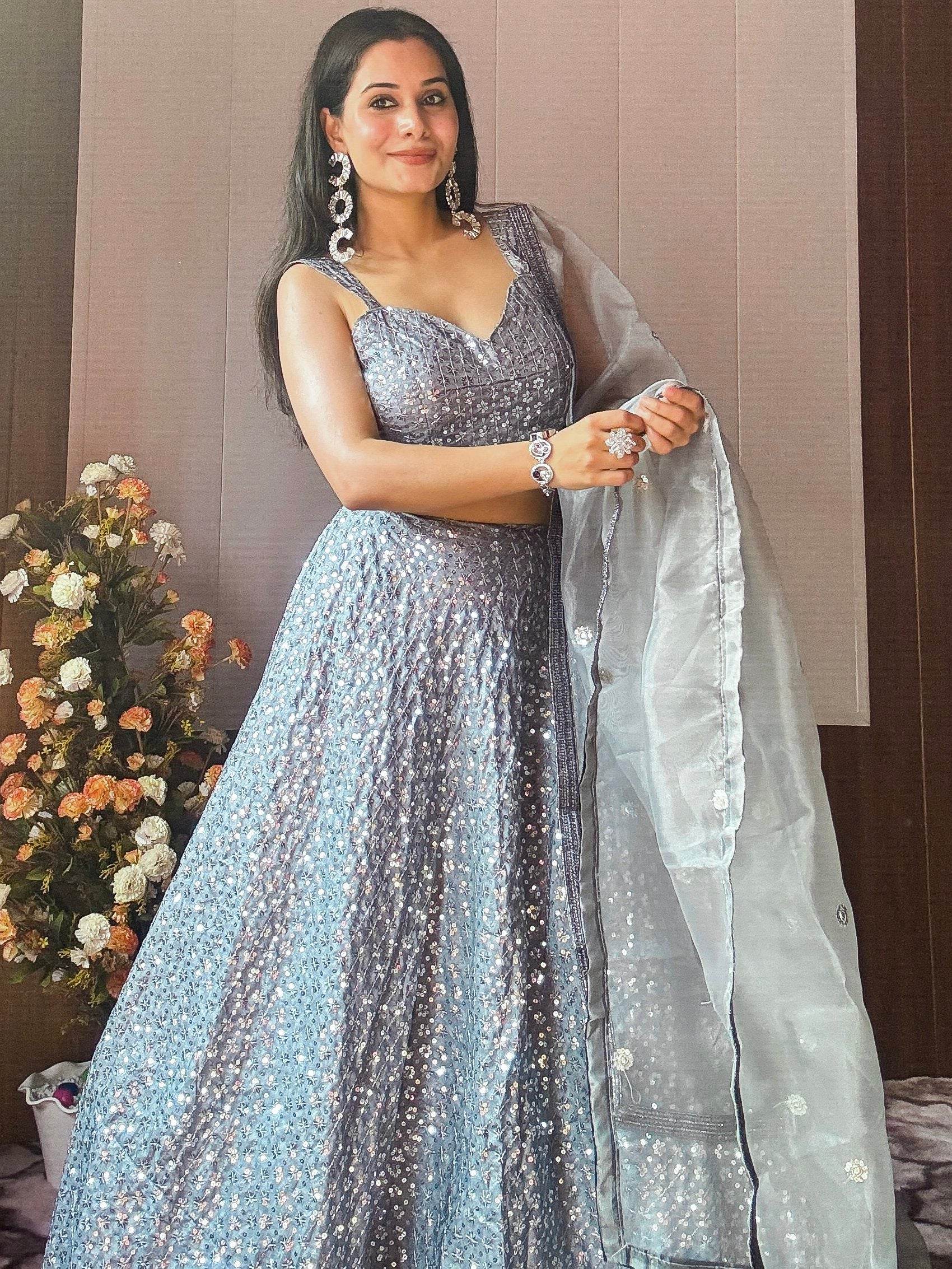 Captivating Grey Sequins Silk Party Wear Lehenga Choli With Dupatta - Zeel Clothing