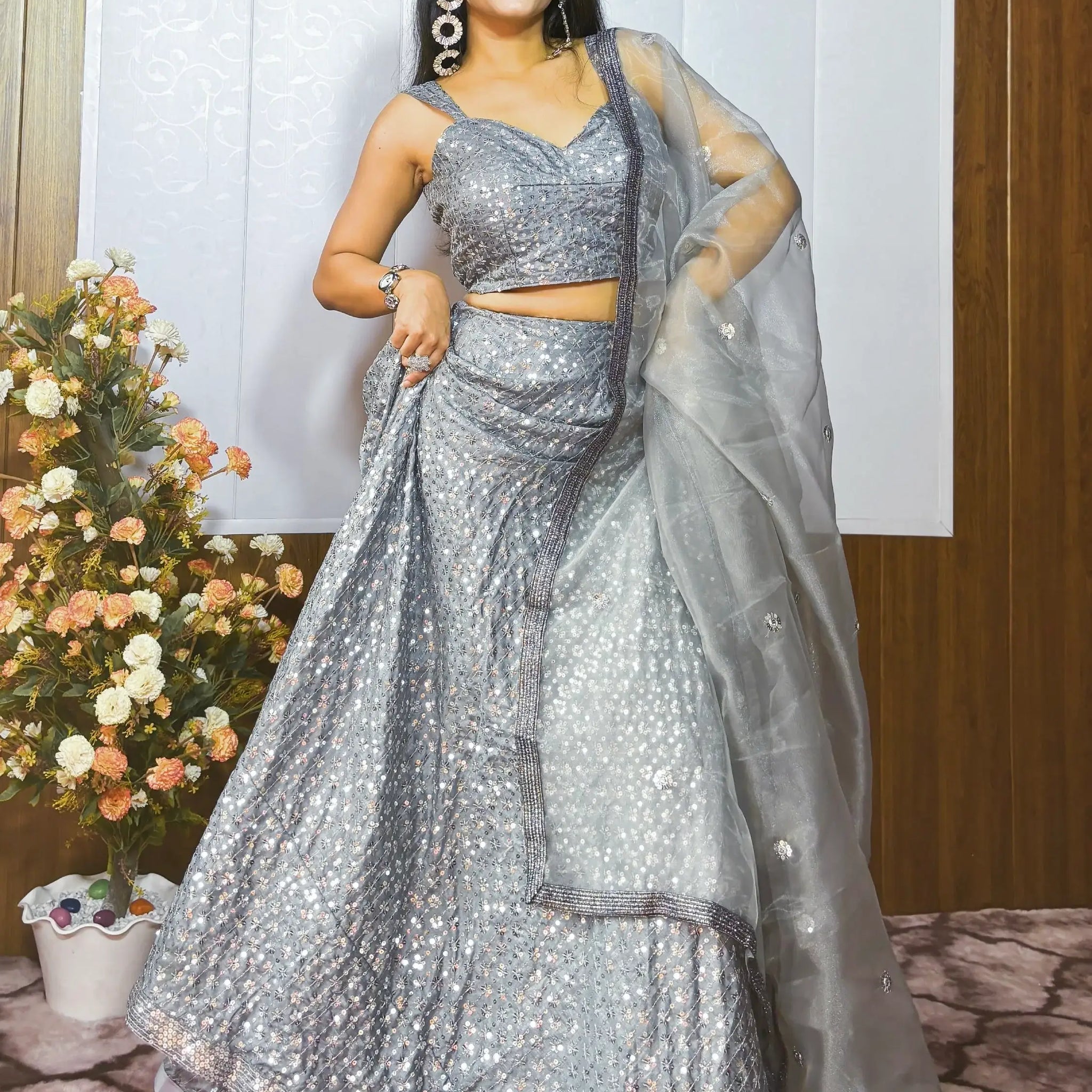 Captivating Grey Sequins Silk Party Wear Lehenga Choli With Dupatta - Zeel Clothing