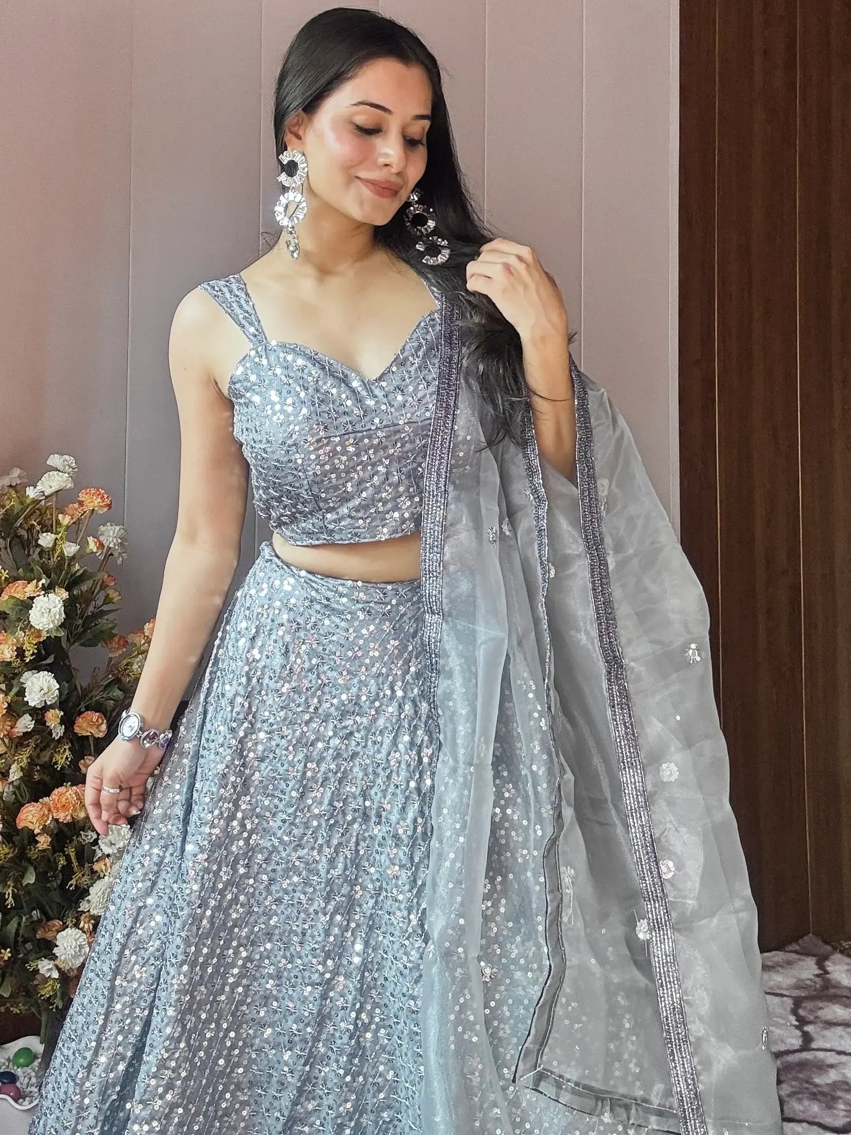 Captivating Grey Sequins Silk Party Wear Lehenga Choli With Dupatta - Zeel Clothing