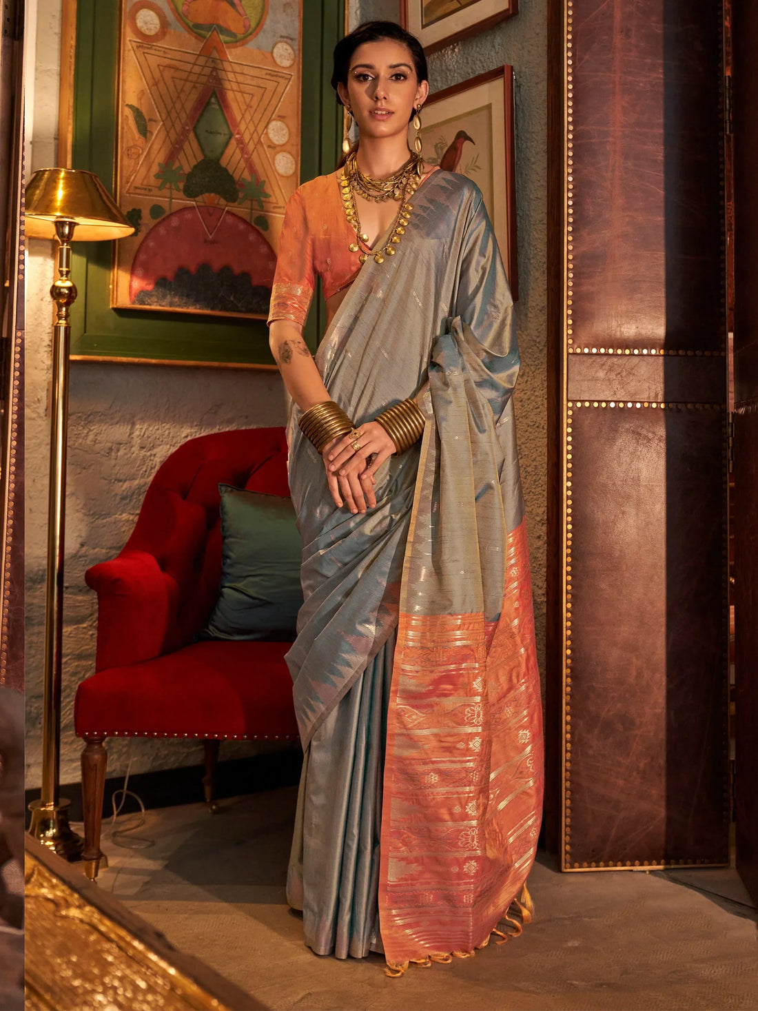 Captivating Grey Weaving Tussar Silk Event Wear Saree With Blouse - Zeel Clothing
