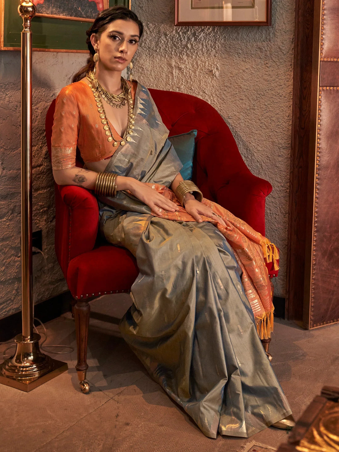 Captivating Grey Weaving Tussar Silk Event Wear Saree With Blouse - Zeel Clothing