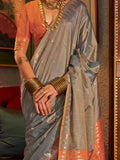 Captivating Grey Weaving Tussar Silk Event Wear Saree With Blouse - Zeel Clothing