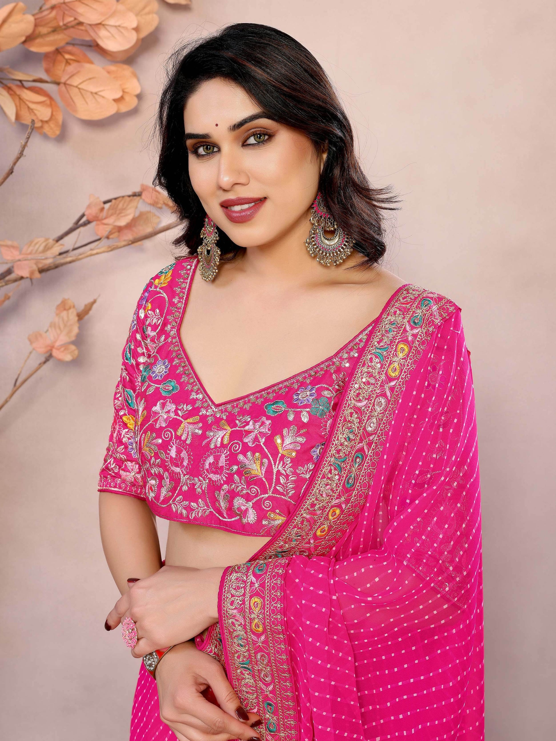 Captivating Hot Pink Leheriya Print Georgette Festive Wear Saree With Blouse - Zeel Clothing