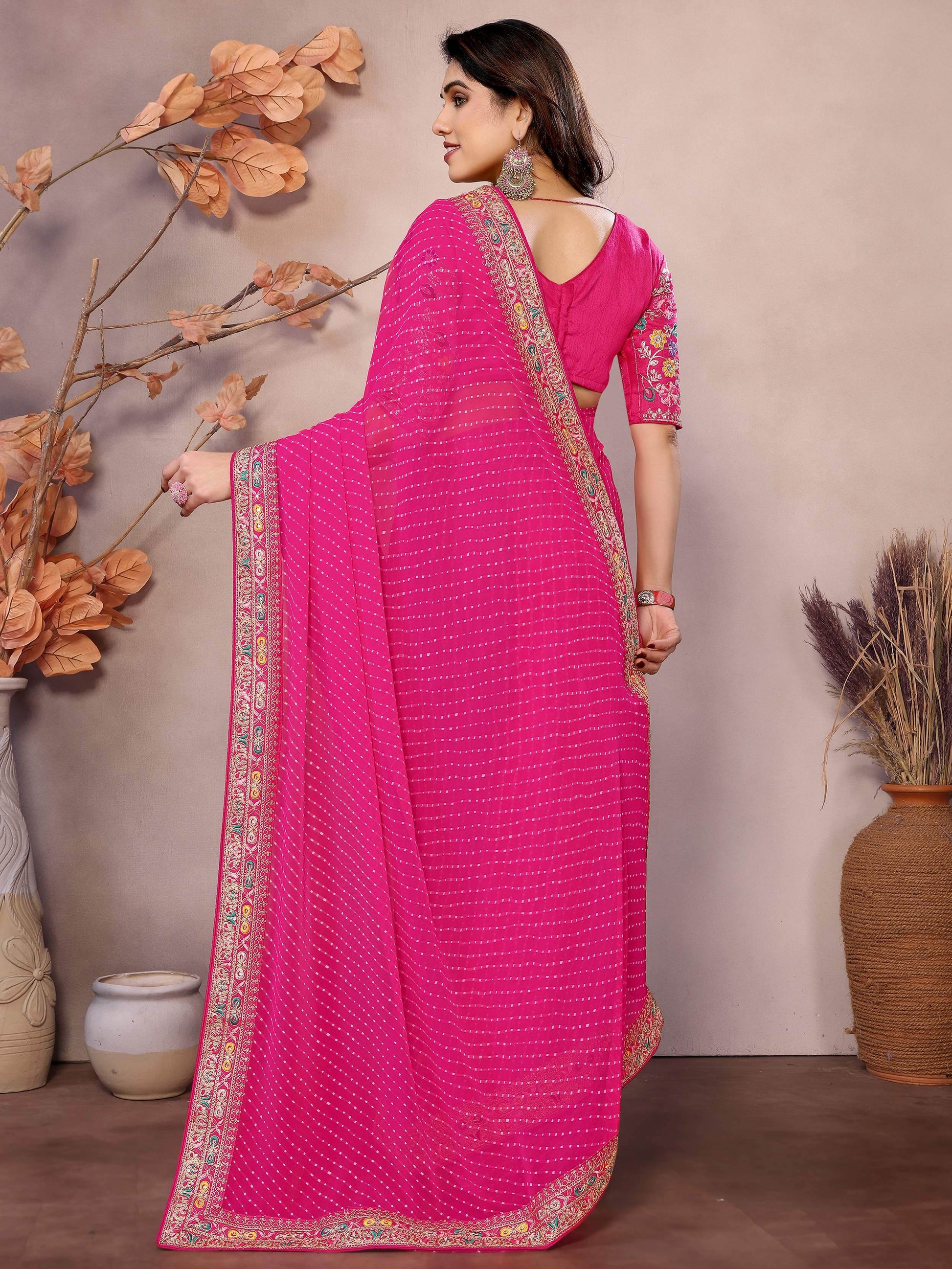 Captivating Hot Pink Leheriya Print Georgette Festive Wear Saree With Blouse - Zeel Clothing