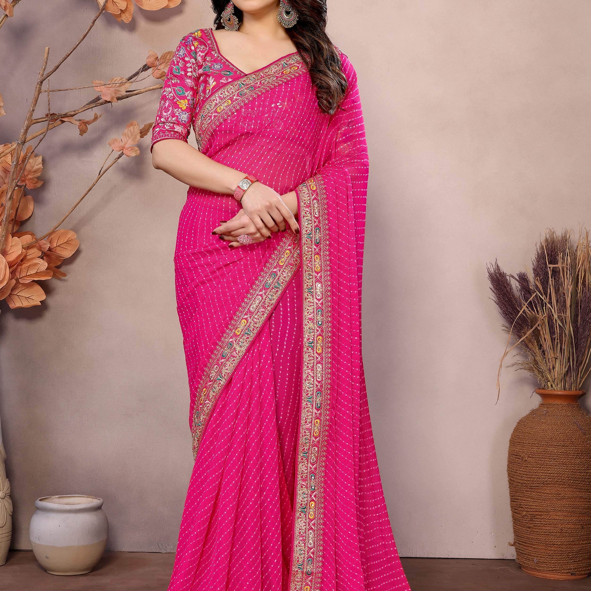 Captivating Hot Pink Leheriya Print Georgette Festive Wear Saree With Blouse - Zeel Clothing