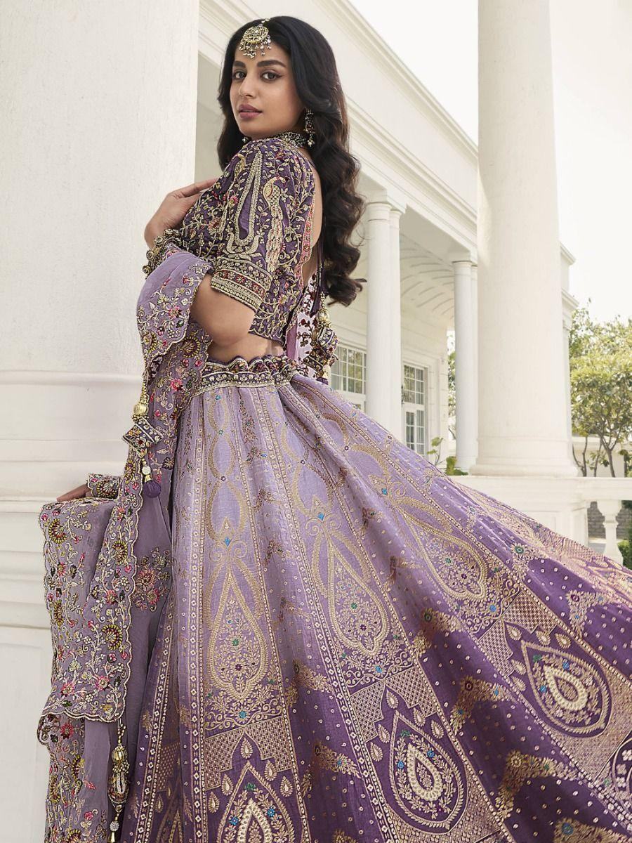 Captivating Lavender Embroidered Silk Wedding Wear Lehenga Choli