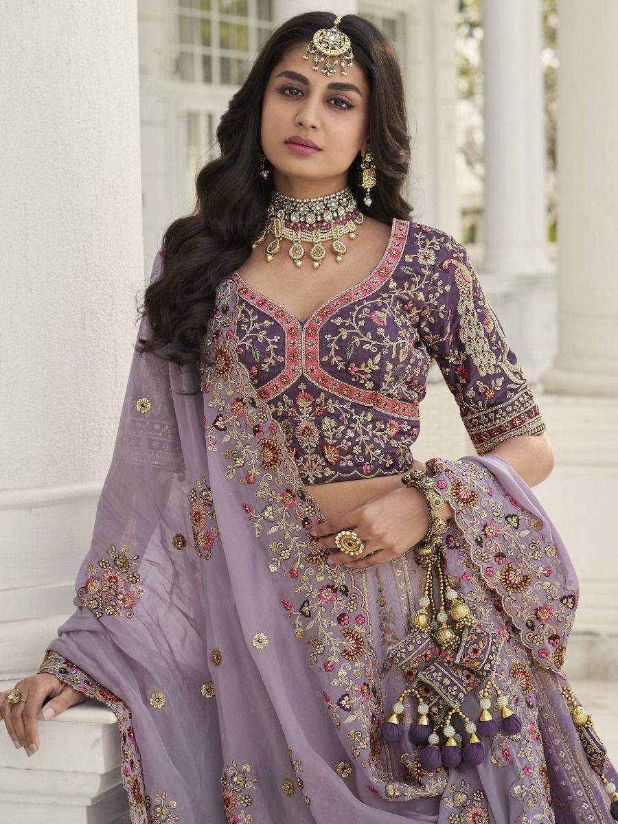 Captivating Lavender Embroidered Silk Wedding Wear Lehenga Choli - Zeel Clothing