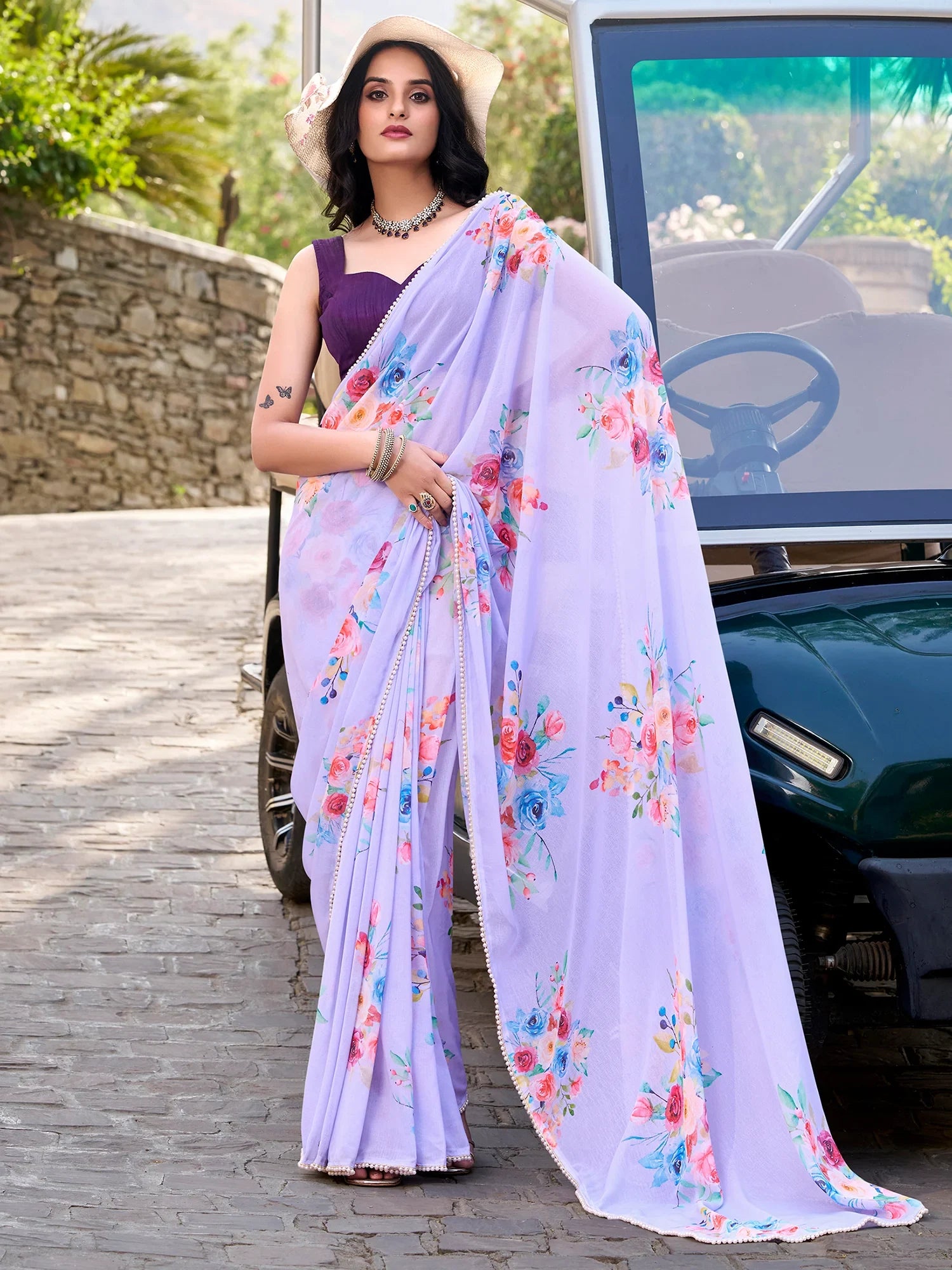 Captivating Lavender Floral Printed Crepe Casual Wear Saree With Blouse - Zeel Clothing