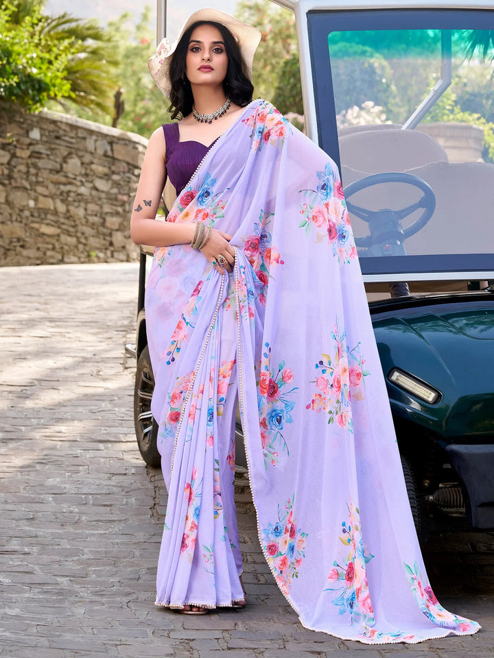 Captivating Lavender Floral Printed Crepe Casual Wear Saree With Blouse - Zeel Clothing