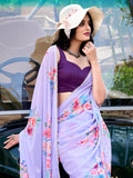 Captivating Lavender Floral Printed Crepe Casual Wear Saree With Blouse - Zeel Clothing