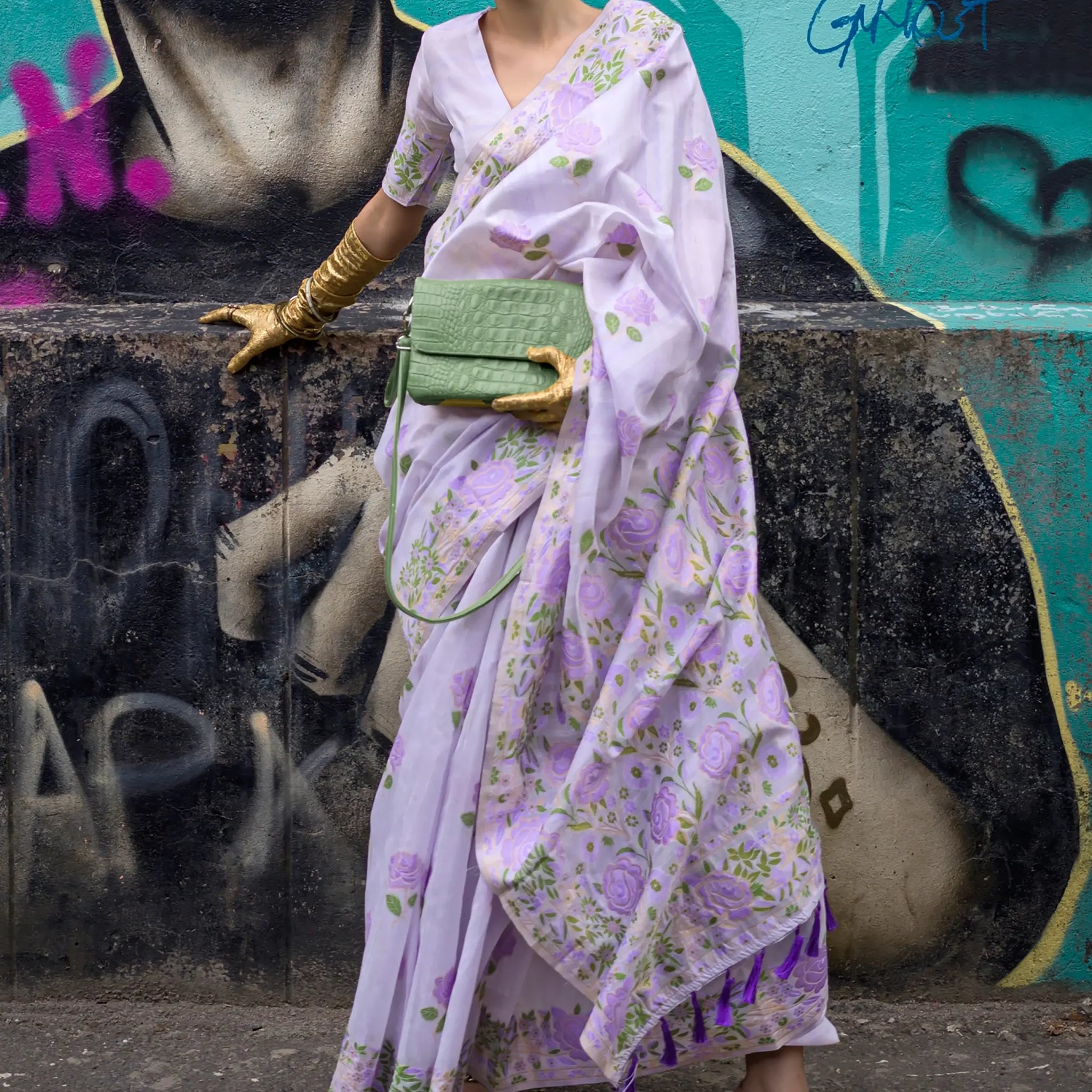 Captivating Lavender Floral Printed Silk Sangeet Wear Saree - Zeel Clothing
