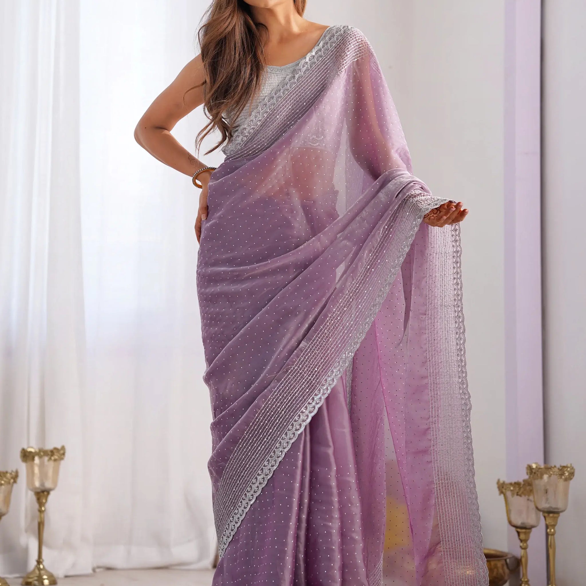 Captivating Lavender Swarovski Work Organza Party Wear Saree - Zeel Clothing