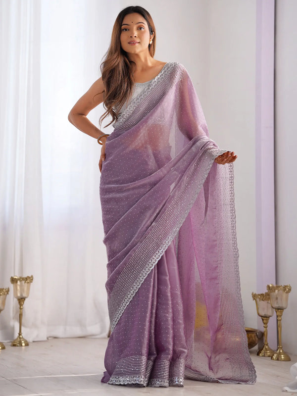Captivating Lavender Swarovski Work Organza Party Wear Saree - Zeel Clothing