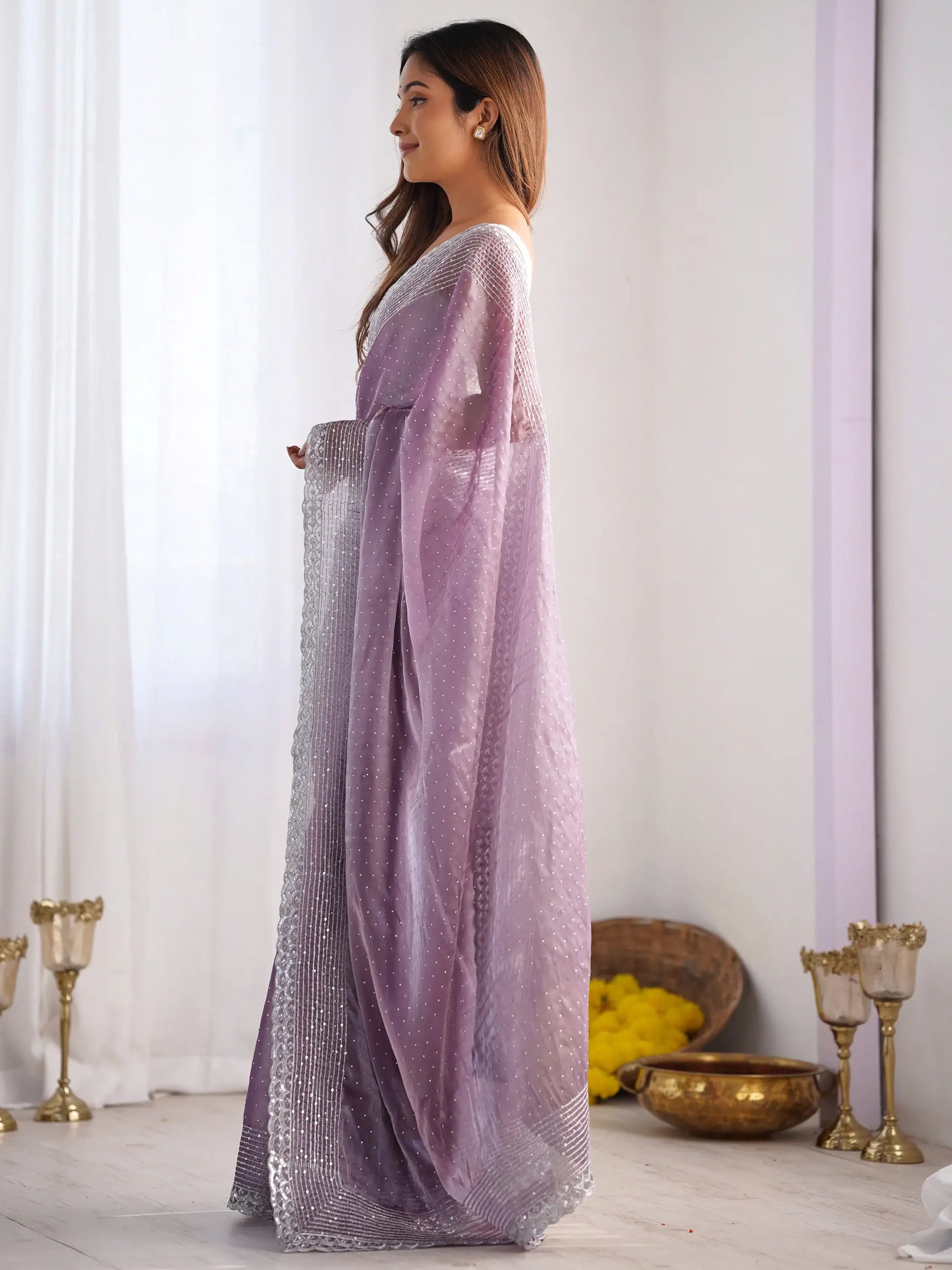 Captivating Lavender Swarovski Work Organza Party Wear Saree - Zeel Clothing