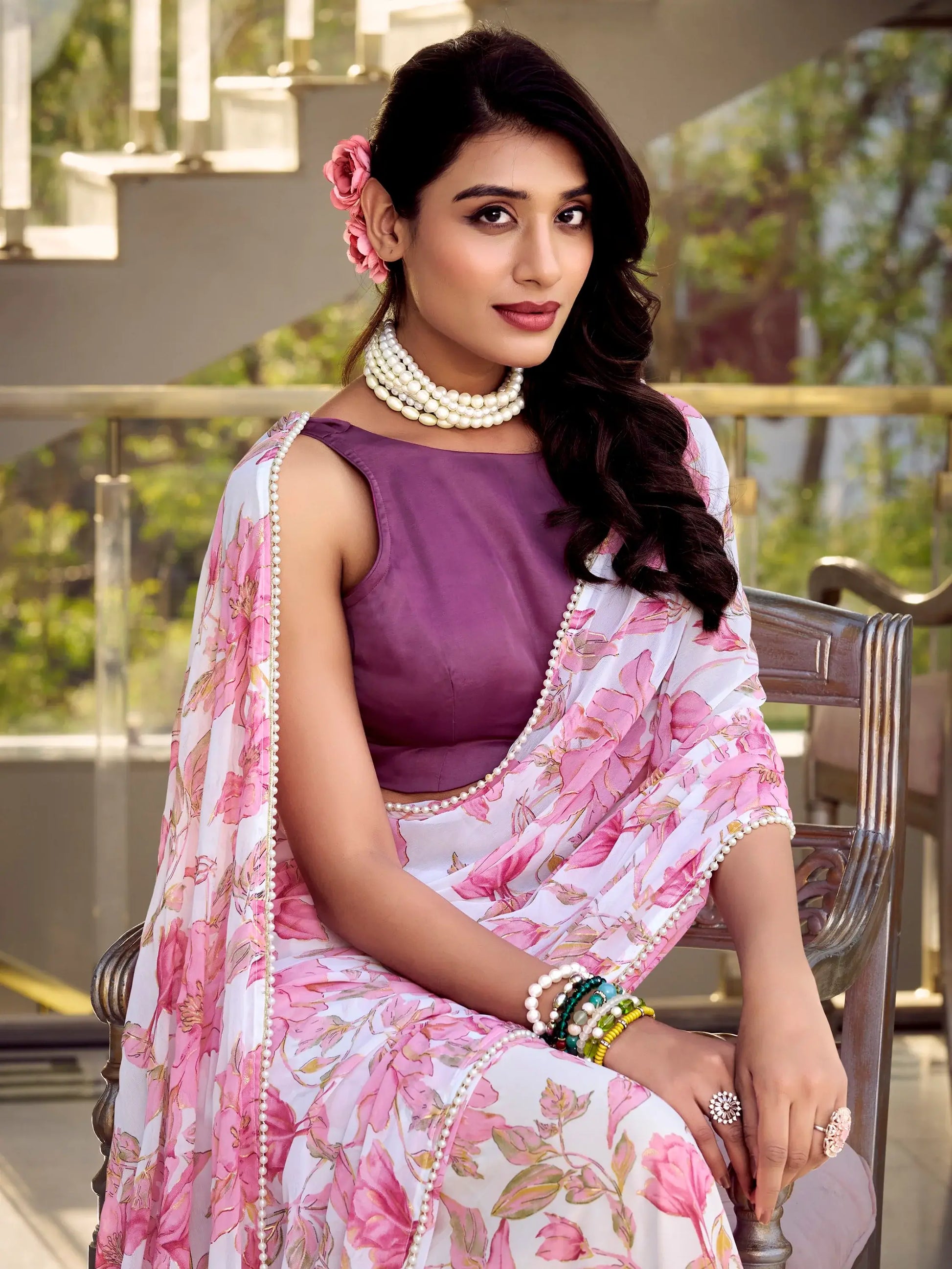 Captivating Light Pink Floral Printed Chiffon Casual Wear Saree - Zeel Clothing