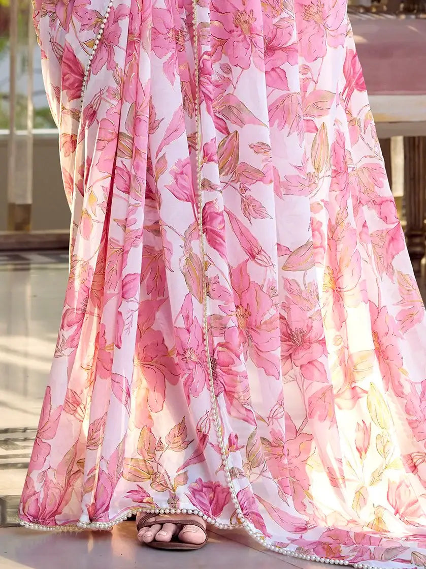 Captivating Light Pink Floral Printed Chiffon Casual Wear Saree - Zeel Clothing