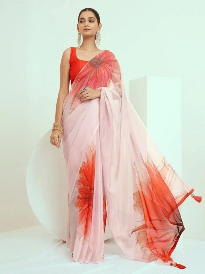 Captivating Light Pink Printed Georgette Events Wear Saree With Blouse
