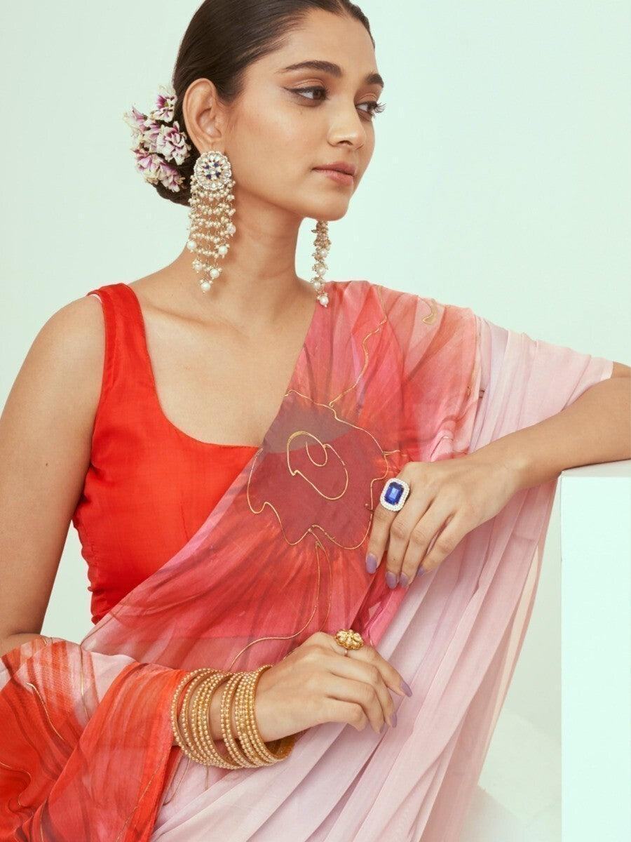 Captivating Light Pink Printed Georgette Events Wear Saree With Blouse