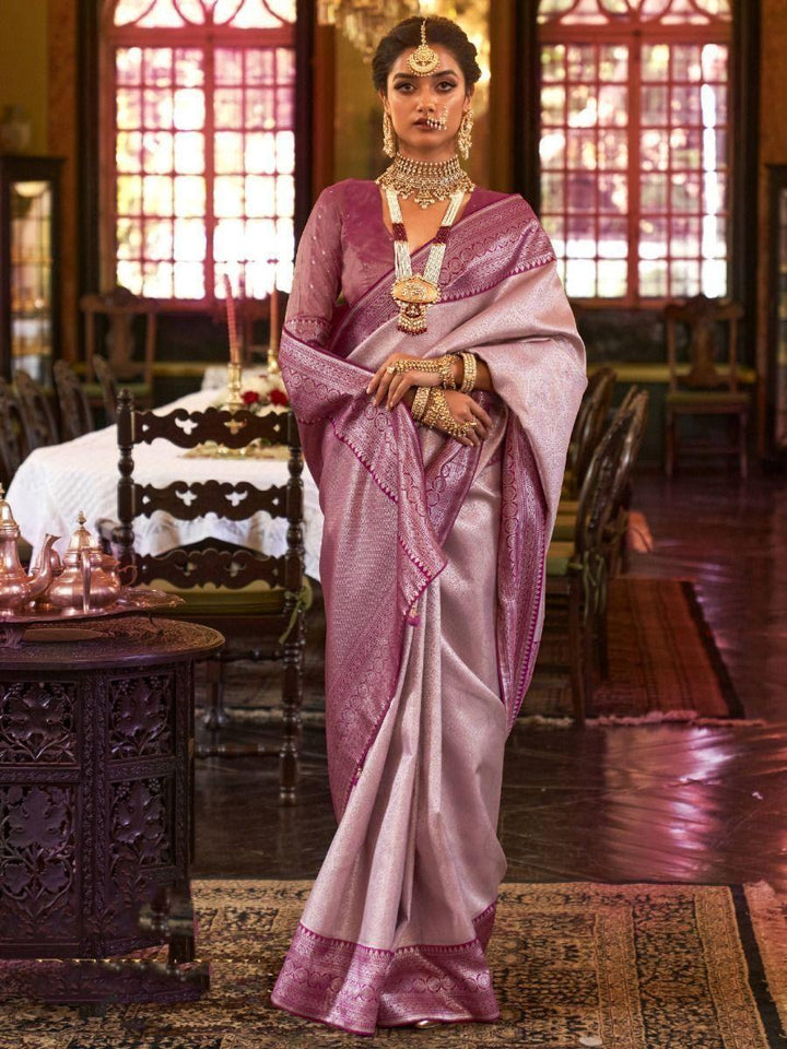 Captivating Light Pink Zari Woven Kanjivaram Silk Saree With Blouse