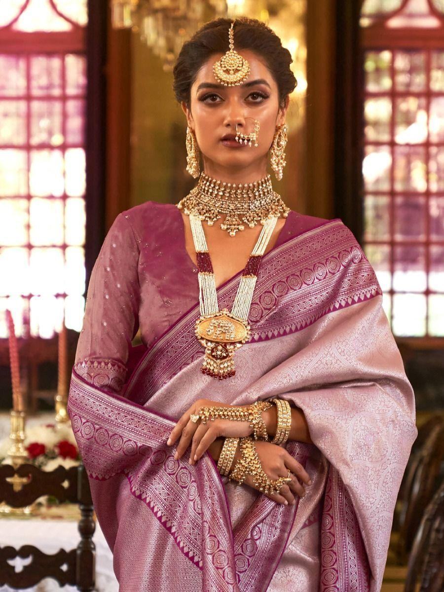 Captivating Light Pink Zari Woven Kanjivaram Silk Saree With Blouse