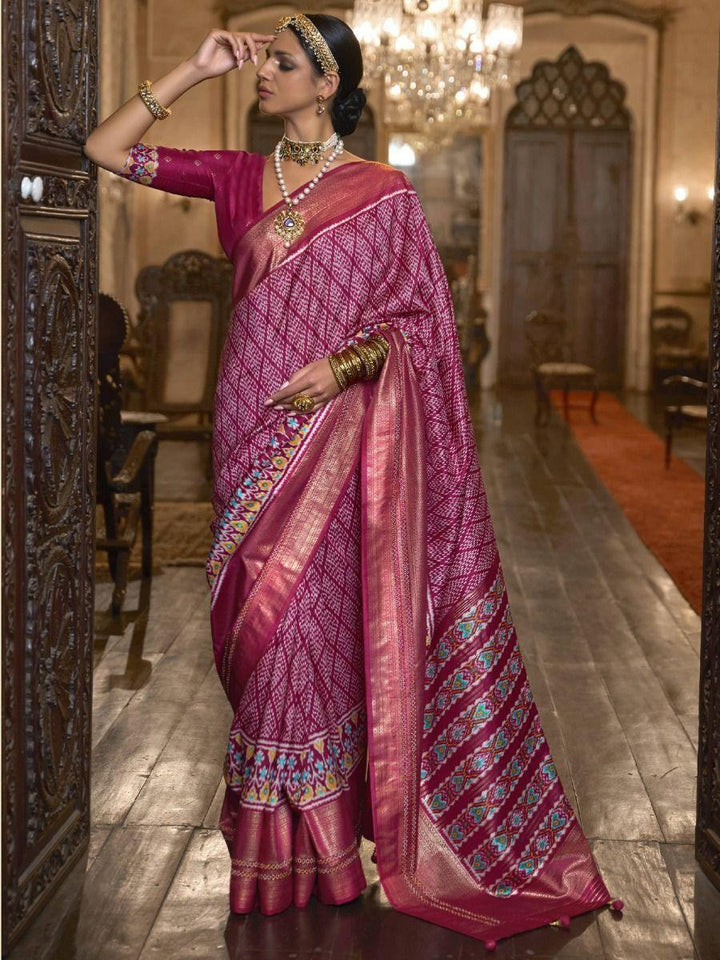 Captivating Magenta Printed Patola Silk Event Wear Saree With Blouse