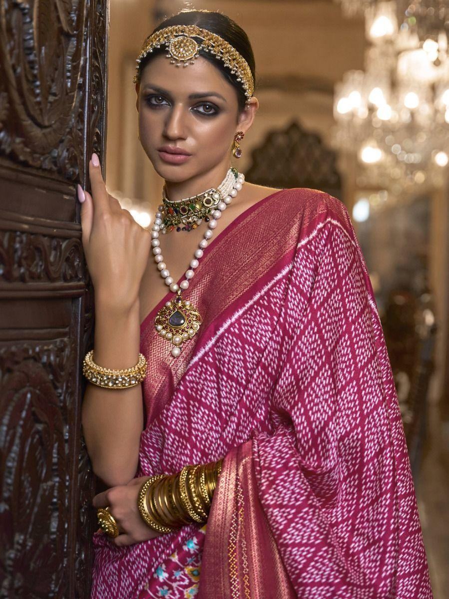 Captivating Magenta Printed Patola Silk Event Wear Saree With Blouse