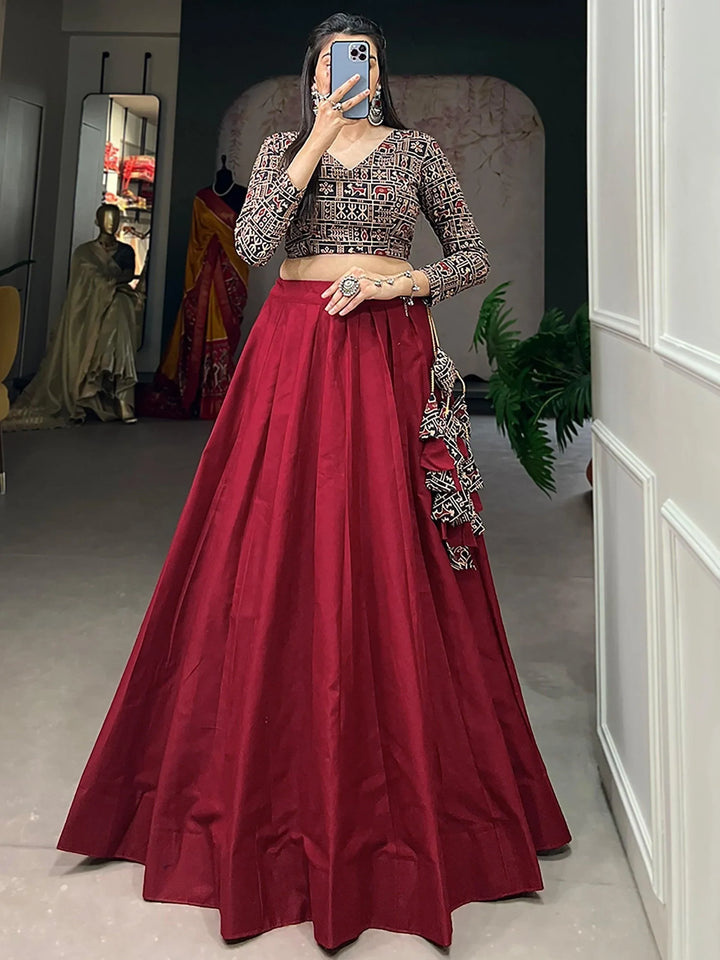 Captivating Maroon Cotton Plain Traditional Lehenga Choli