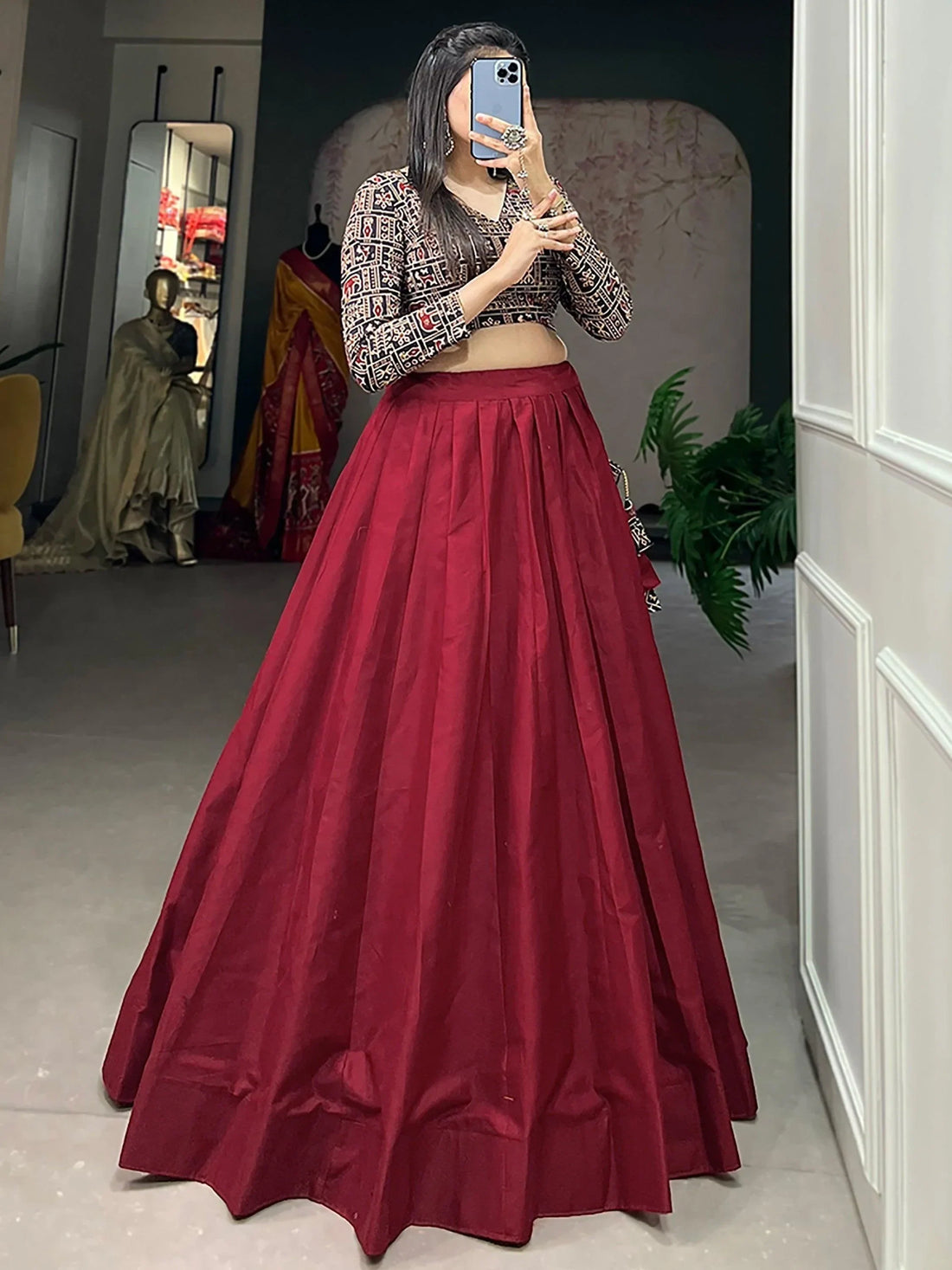 Captivating Maroon Cotton Plain Traditional Lehenga Choli