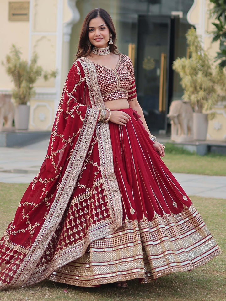 Captivating Maroon Embroidered Georgette Engagement Wear Lehenga Choli