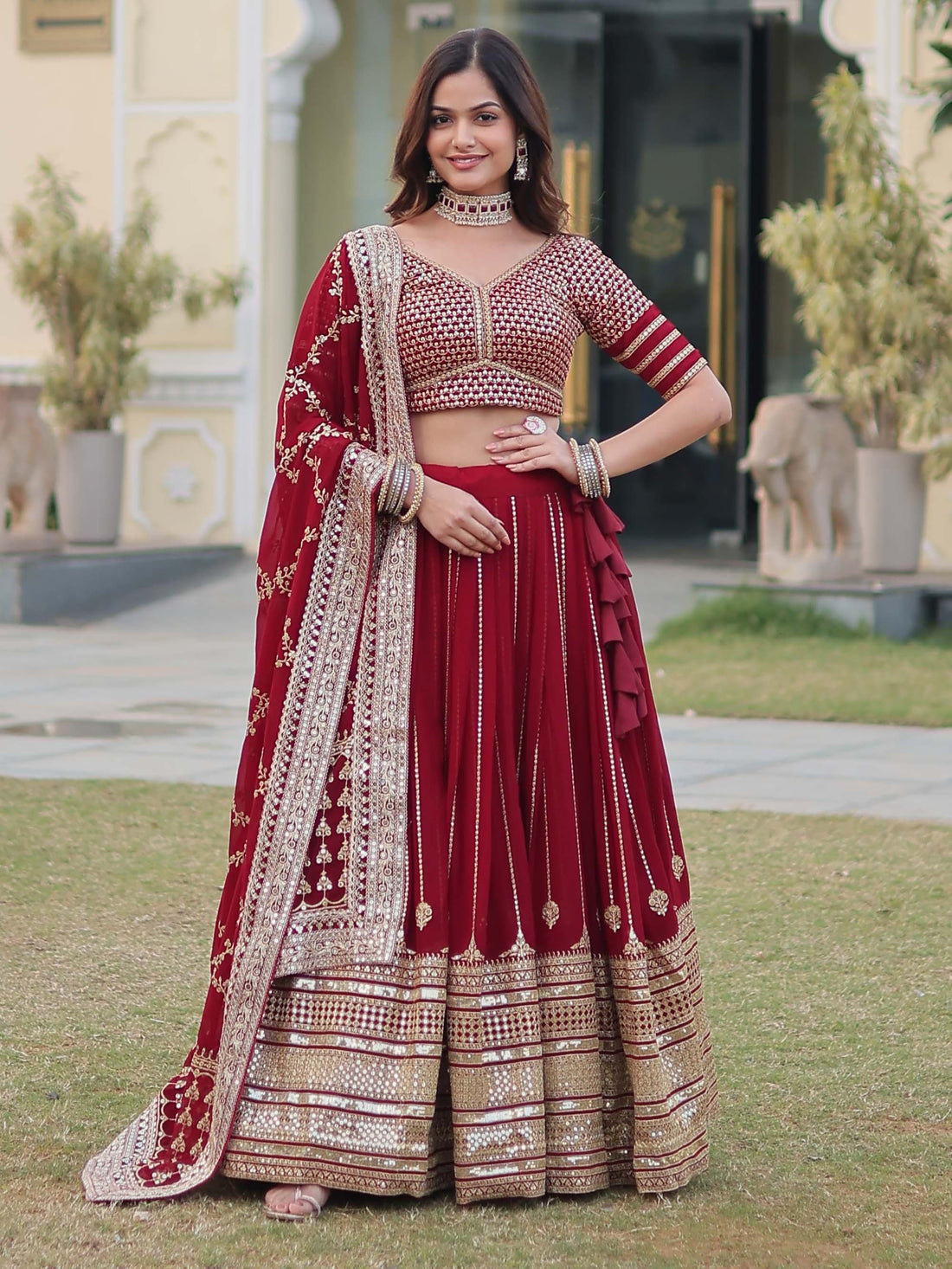 Captivating Maroon Embroidered Georgette Engagement Wear Lehenga Choli