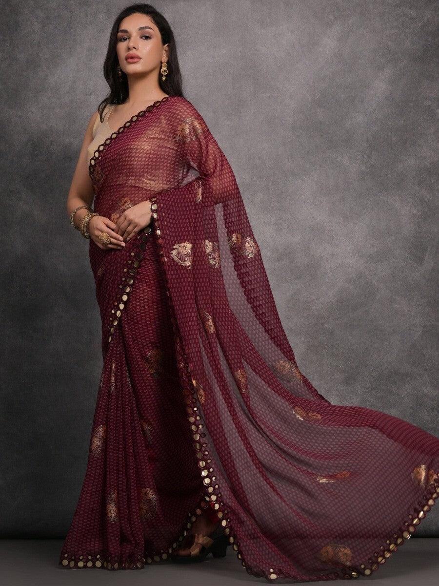 Captivating Maroon Foil Printed Georgette Events Wear Saree