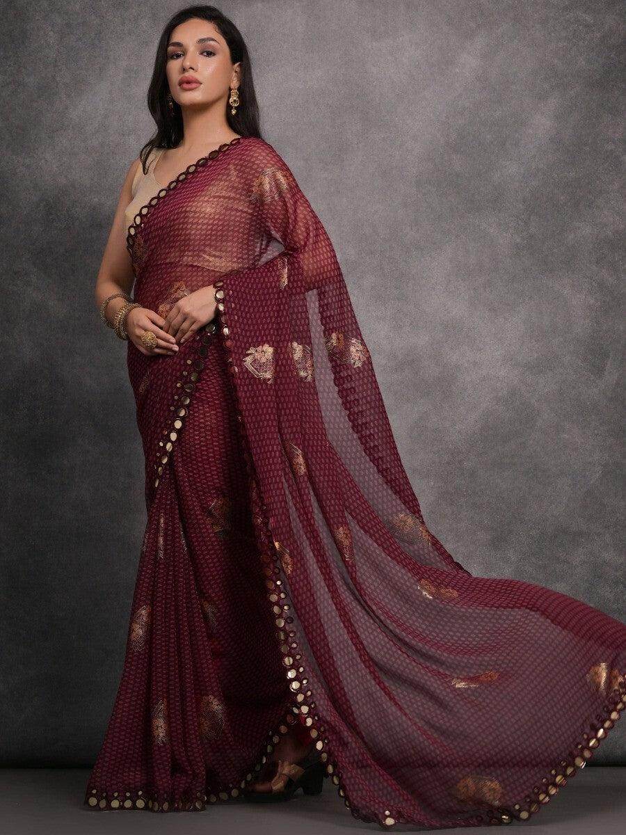 Captivating Maroon Foil Printed Georgette Events Wear Saree - Zeel Clothing