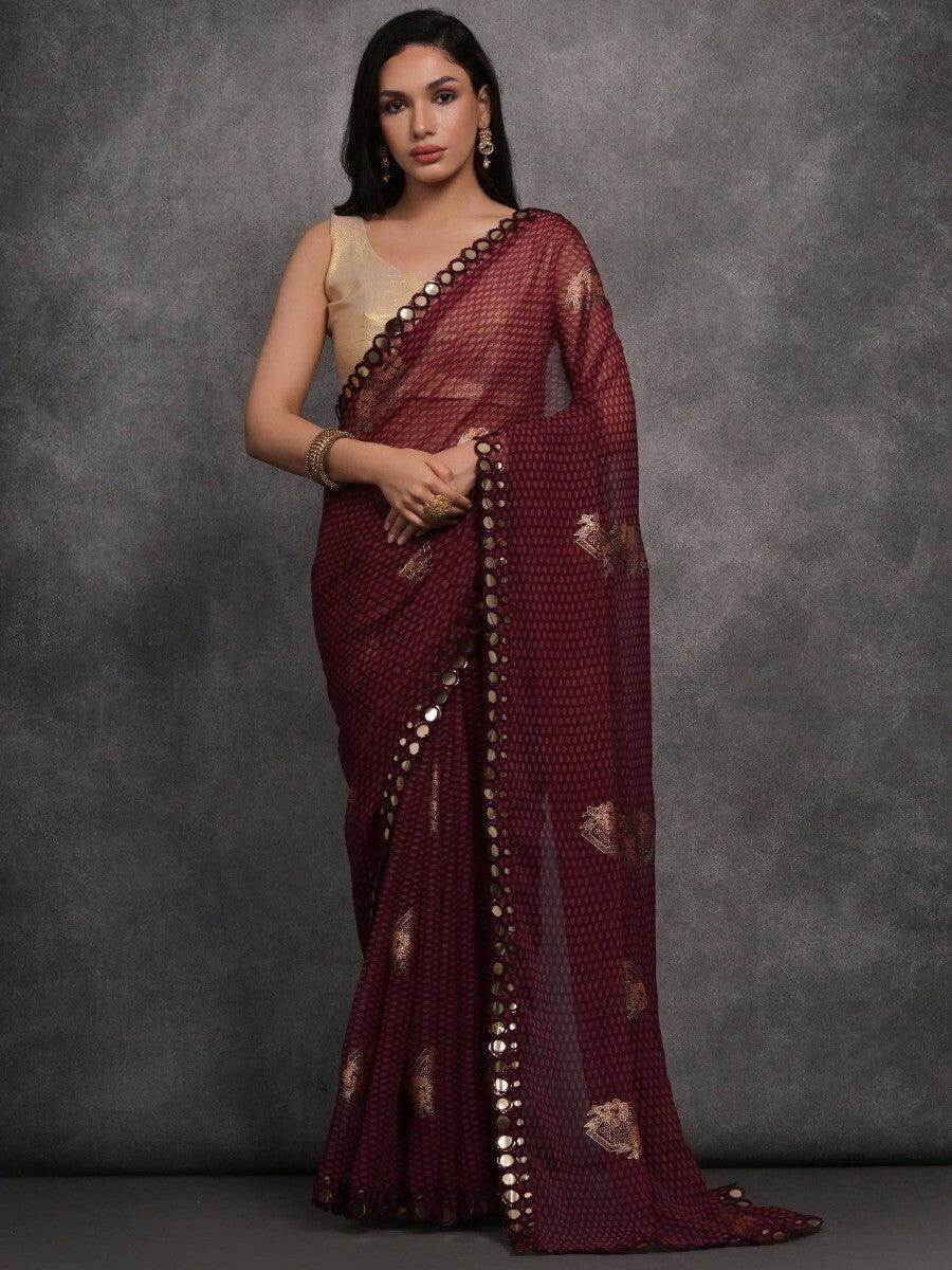 Captivating Maroon Foil Printed Georgette Events Wear Saree - Zeel Clothing
