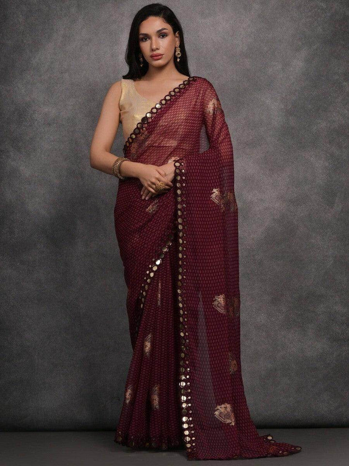 Captivating Maroon Foil Printed Georgette Events Wear Saree - Zeel Clothing