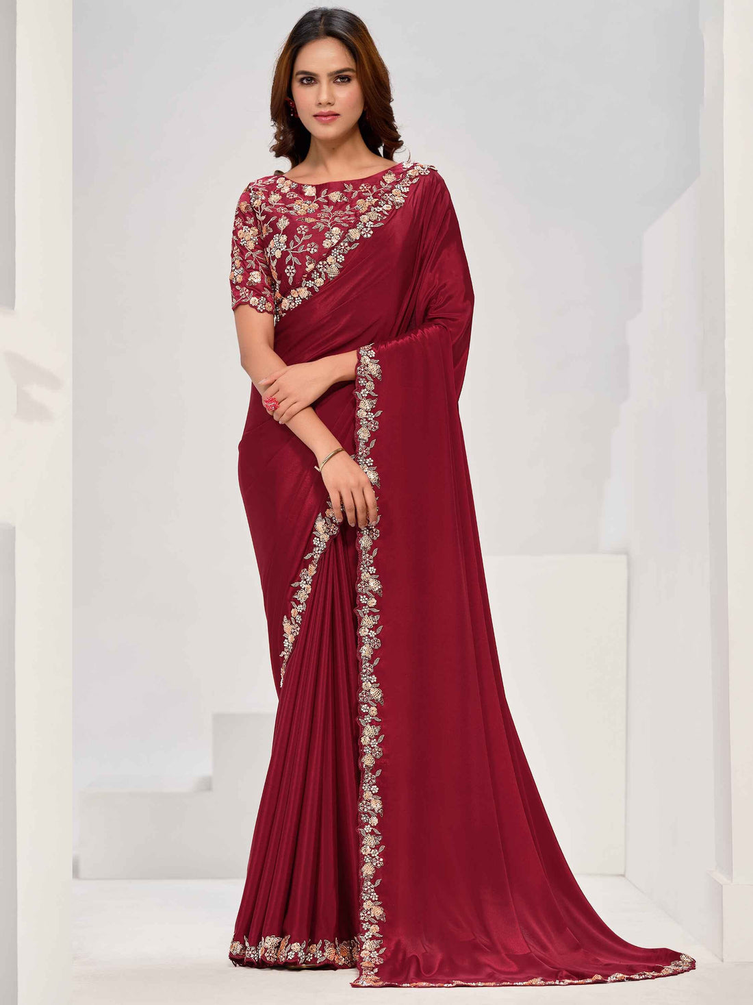 Captivating Maroon Georgette Wedding Wear Saree With Blouse - Zeel Clothing
