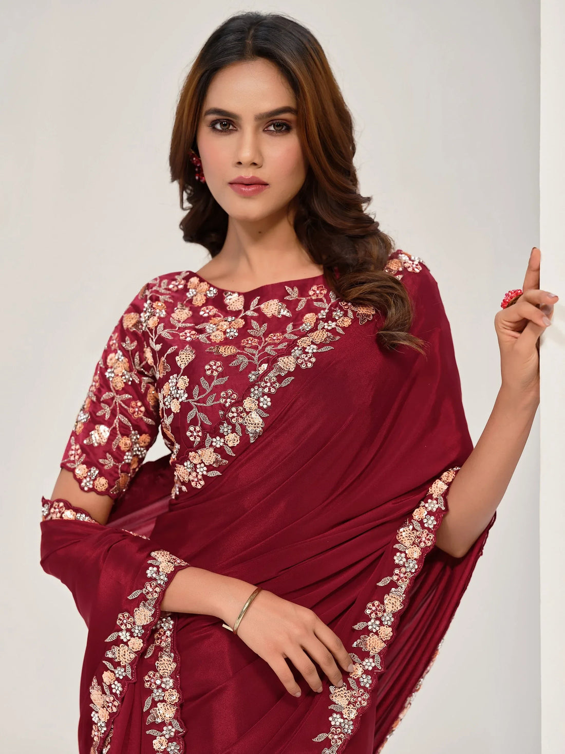 Captivating Maroon Georgette Wedding Wear Saree With Blouse - Zeel Clothing