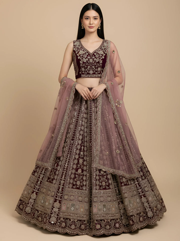 Captivating Maroon Multi Thread Work Net Bridesmaid Lehenga Choli With Dupatta
