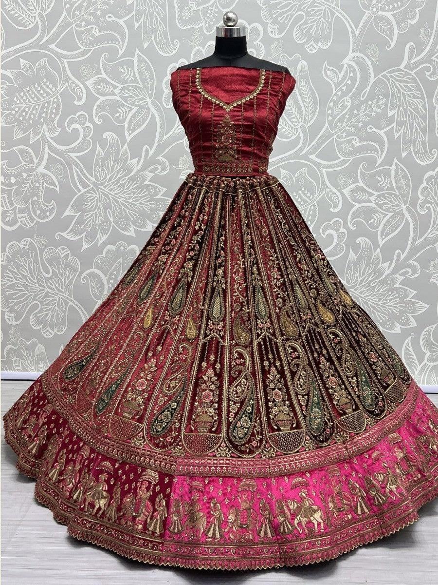 Captivating Maroon Multi-Thread Work Velvet Bridal Lehenga Choli