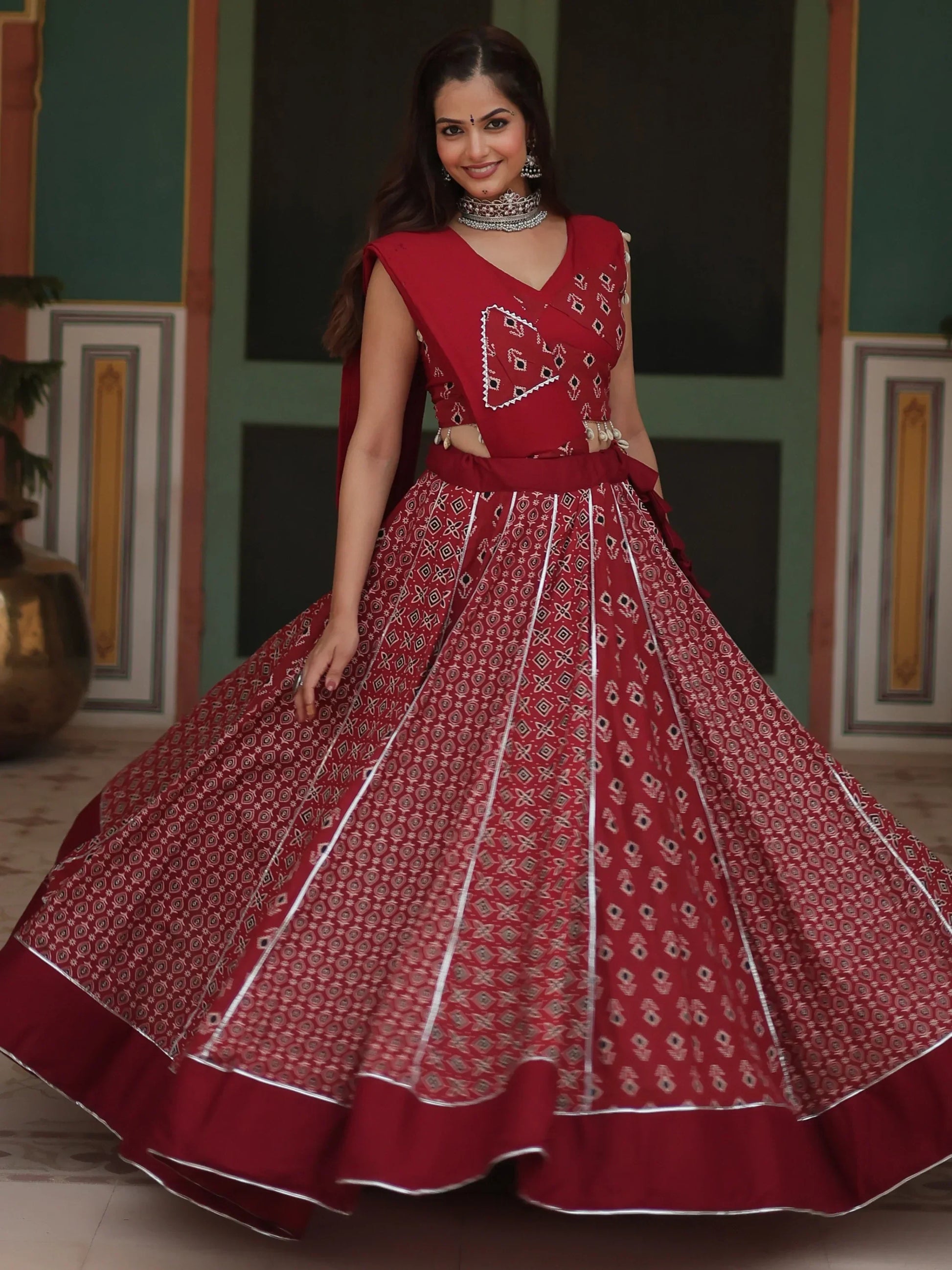 Captivating Maroon Printed Rayon Navratri Lehenga Choli With Dupatta - Zeel Clothing