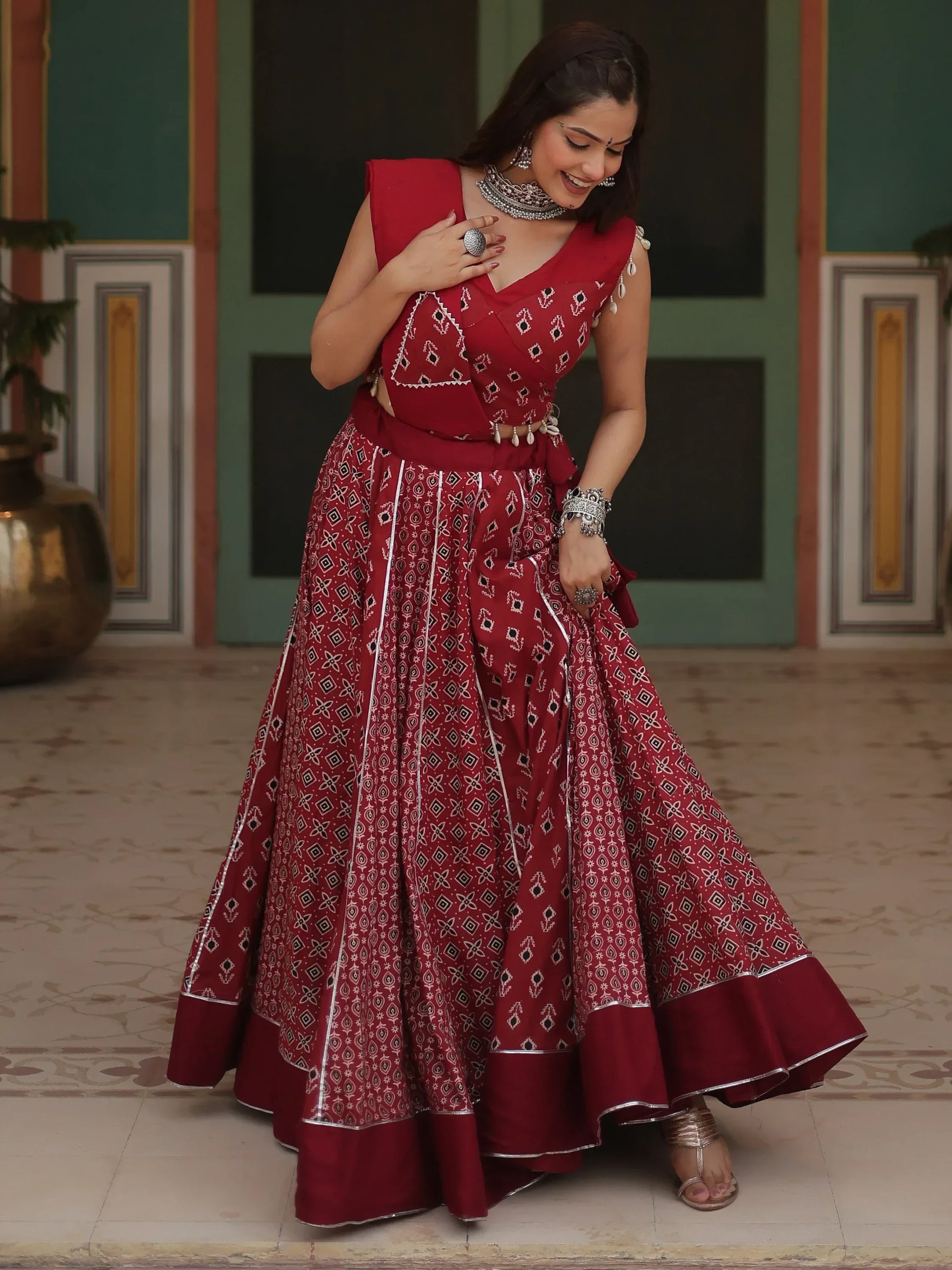 Captivating Maroon Printed Rayon Navratri Lehenga Choli With Dupatta - Zeel Clothing