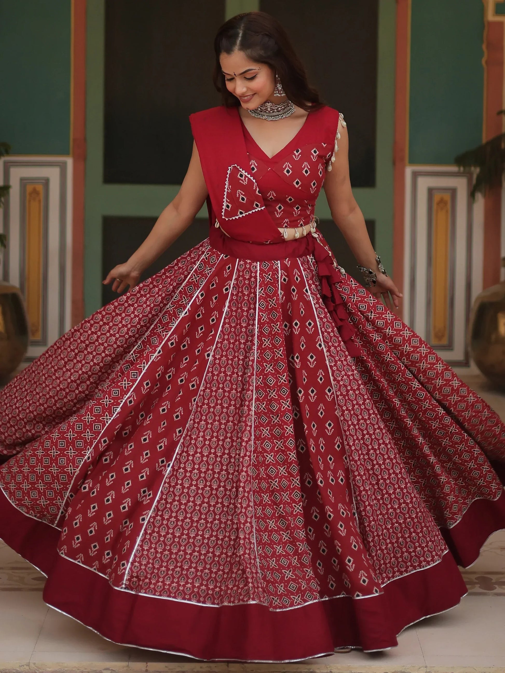 Captivating Maroon Printed Rayon Navratri Lehenga Choli With Dupatta - Zeel Clothing