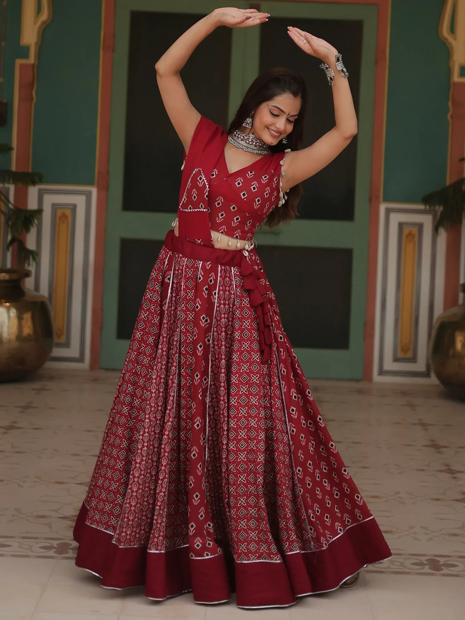 Captivating Maroon Printed Rayon Navratri Lehenga Choli With Dupatta - Zeel Clothing