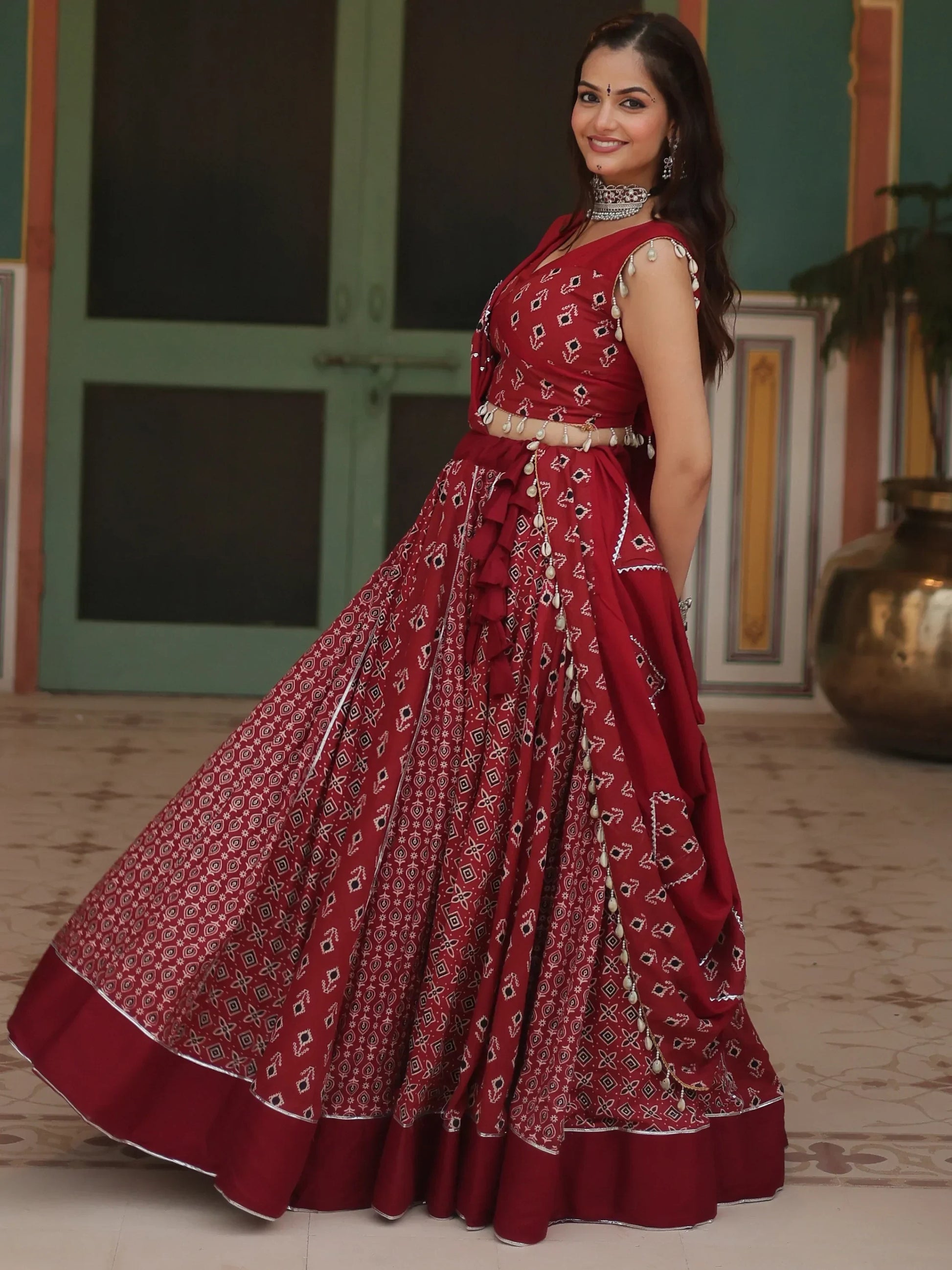 Captivating Maroon Printed Rayon Navratri Lehenga Choli With Dupatta - Zeel Clothing