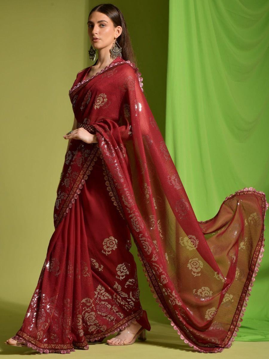 Captivating Maroon Sequins Georgette Event Wear Saree With Blouse