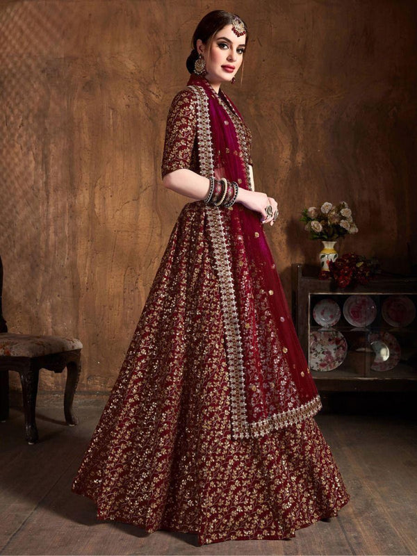Captivating Maroon Sequins Raw Silk Lehenga Choli With Dupatta