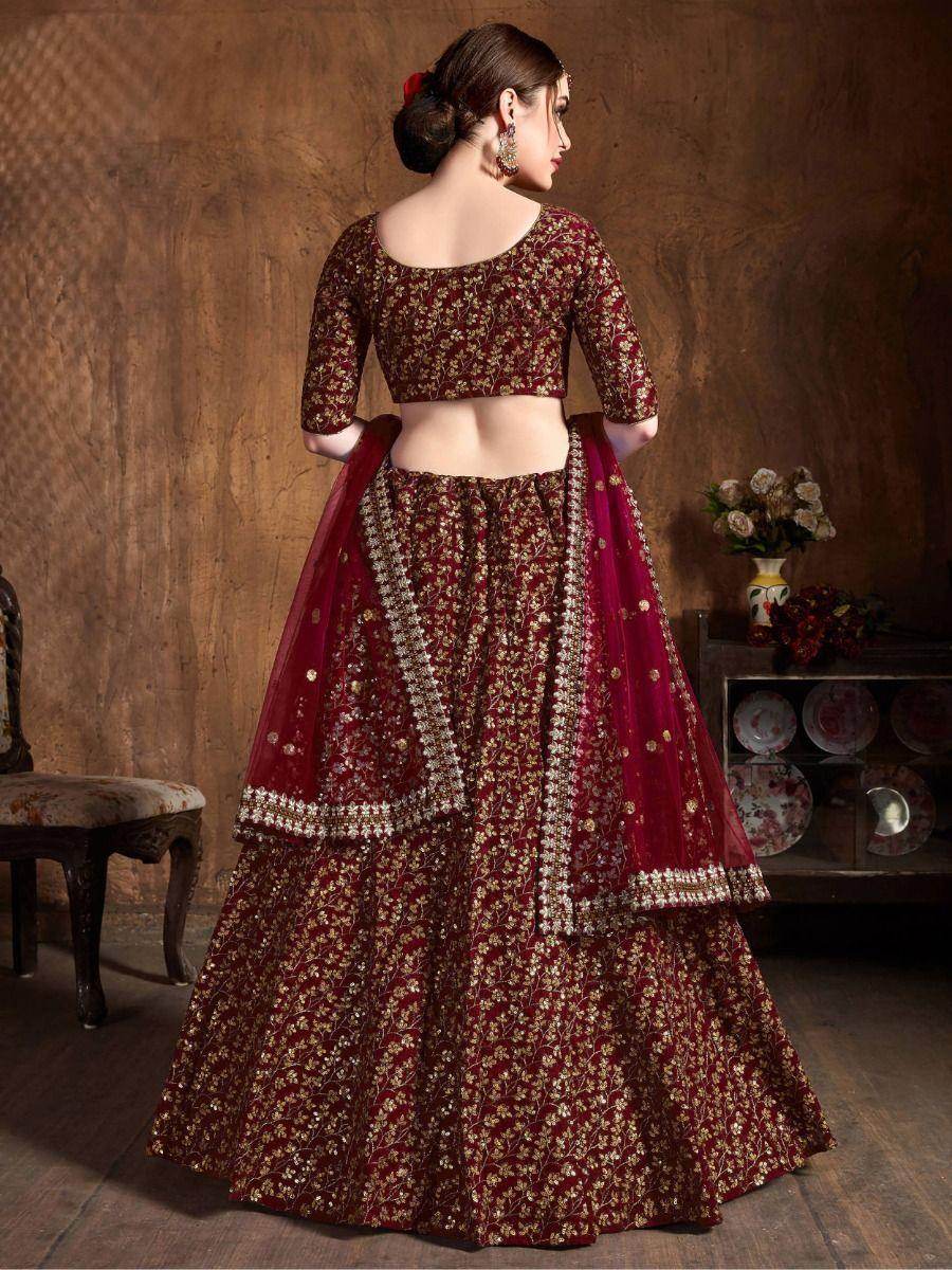 Captivating Maroon Sequins Raw Silk Lehenga Choli With Dupatta - Zeel Clothing